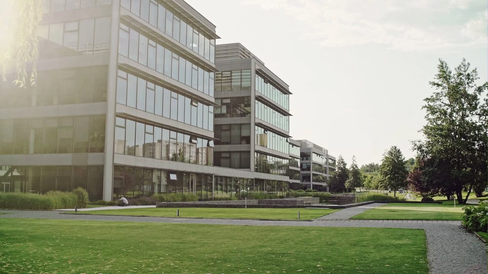 Modern office buildings with large glass windows, adjacent to a neatly maintained green lawn and pathway, surrounded by trees, benefit from discreet commercial pest control measures to ensure a serene environment.