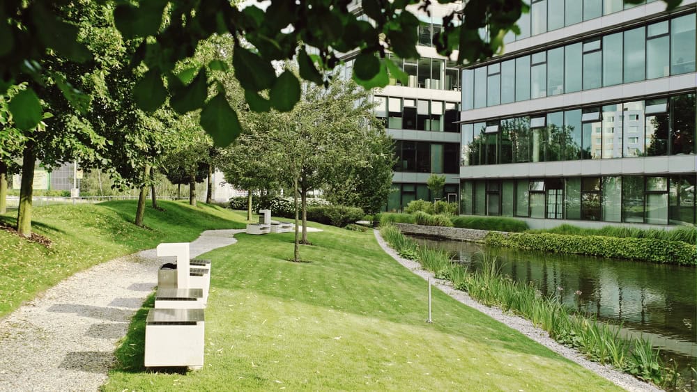 Commercial modern office building with large windows, surrounded by a landscaped lawn, trees, and a small pond. Stone benches line a gravel pathway, meticulously maintained thanks to professional weed control.