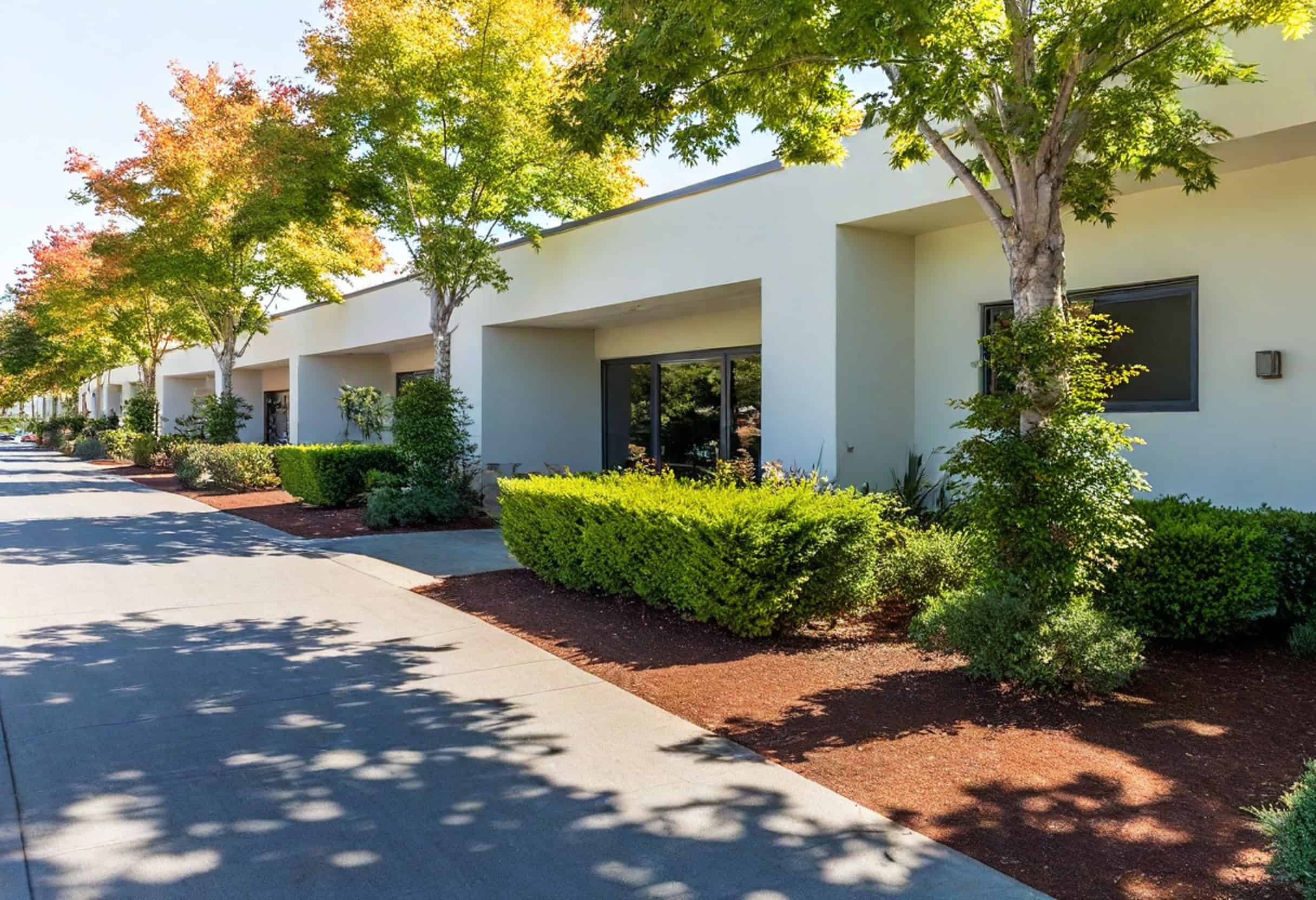 A row of modern retail buildings with white facades is shaded by trees with green and yellow leaves. Bushes and a paved walkway line the front, enhancing the landscaping of this shopping center.