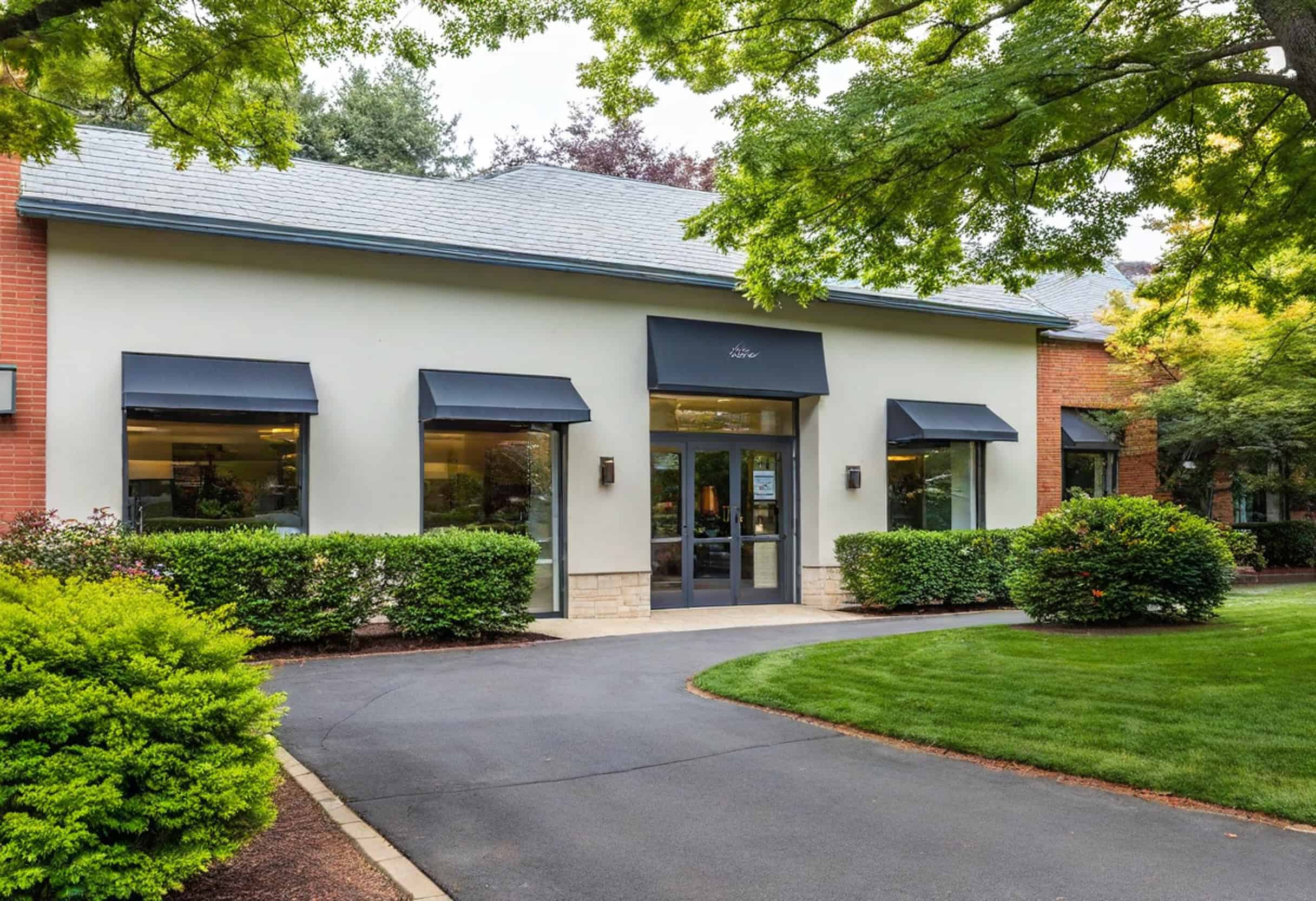 A small, modern building with a gray roof and awnings is nestled within meticulously designed retail landscaping, surrounded by trees and shrubs, featuring a pathway leading to the entrance.