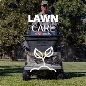 Person operating a lawn care mower on a green lawn with trees in the background; text overlay reads "Lawn Care" with a white plant icon. Pest Control Tarrant County, TX | Trees Hurt Too Inc. offers expert tree and pest solutions.