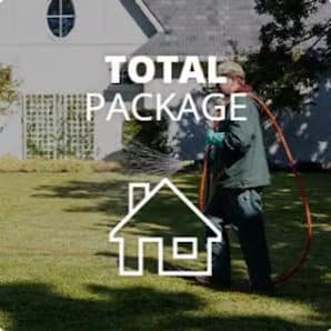 A person waters a lawn in front of a white house. The words "Total Package," a house icon, and the Pest Control Tarrant County, Inc. logo are overlaid on the image.
