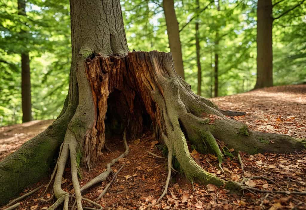 A hollow tree trunk with exposed roots stands in a forest, sunlight filtering through green foliage-a scene that can sometimes be an early sign for North Texas tree disease identification.
