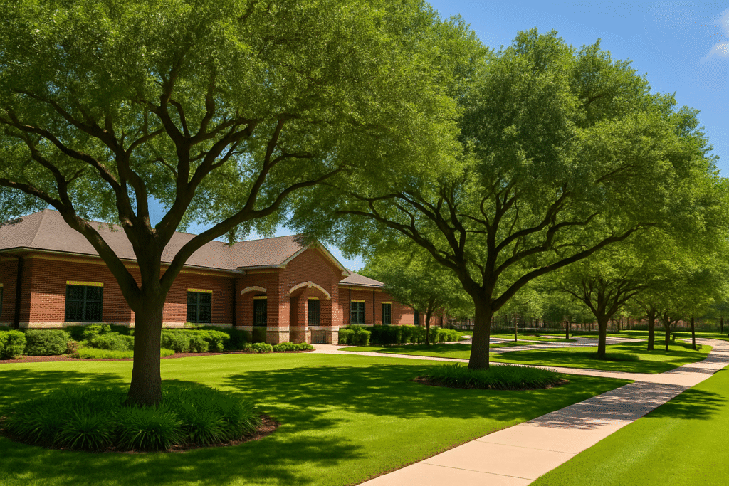 A red brick building with large windows, ideal for a blog post template backdrop, is bordered by neatly trimmed lawns, tall green trees, and a concrete sidewalk under a clear blue sky.