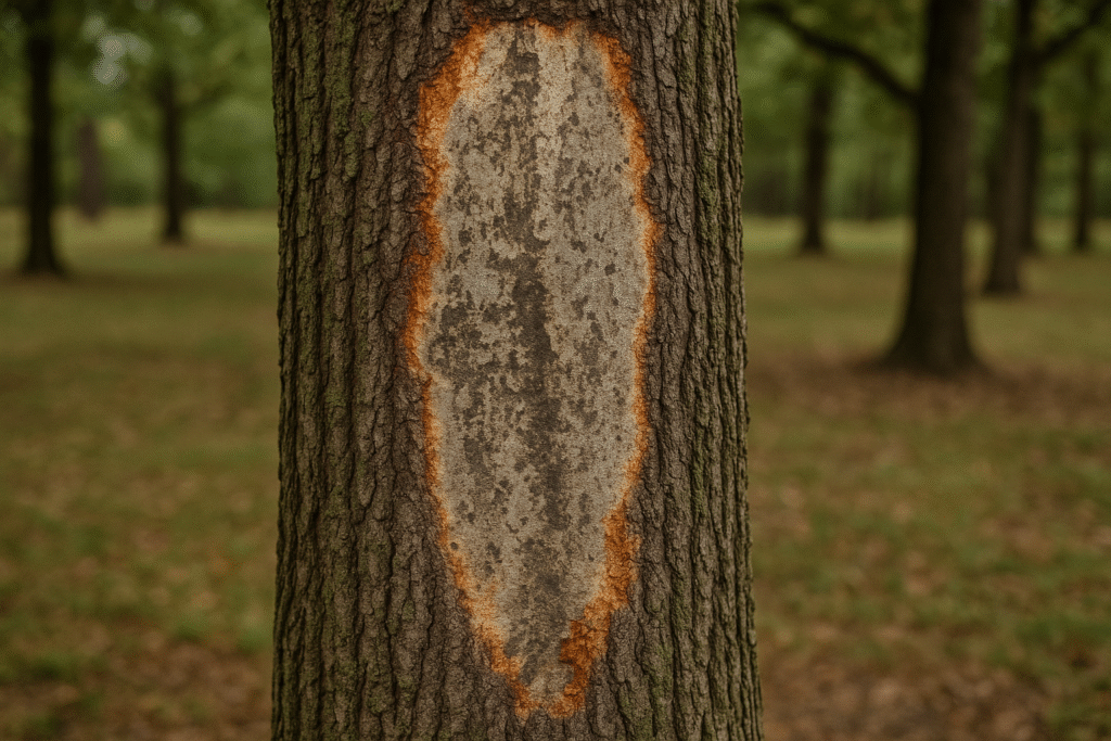 A tree trunk with a large vertical section of bark stripped away, exposing lighter wood surrounded by a reddish edge, in a forested area—an example helpful for North Texas tree disease identification.