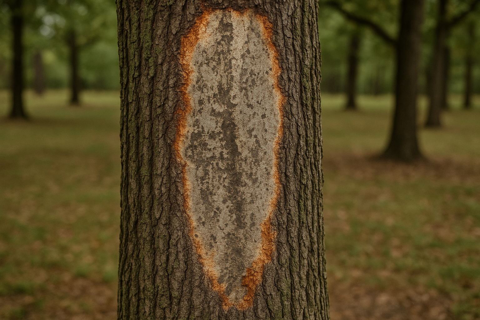 A tree trunk with a large vertical section of bark stripped away, exposing lighter wood surrounded by a reddish edge, in a forested area-an example helpful for North Texas tree disease identification.