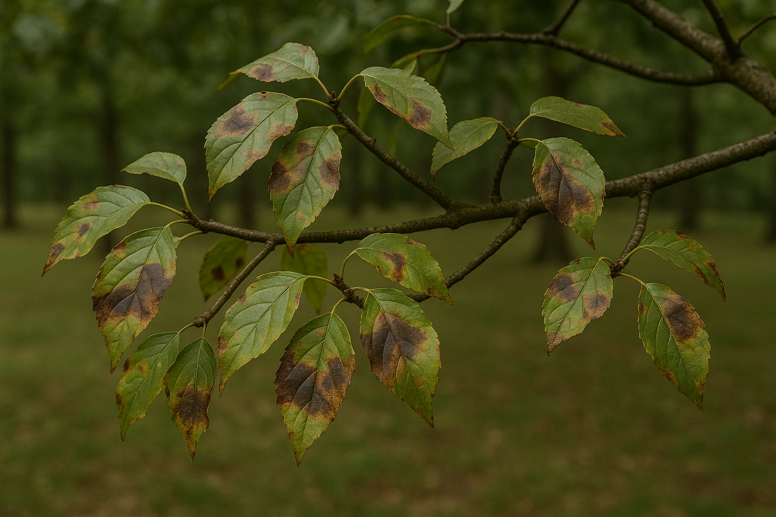 A tree branch with green leaves showing brown patches-signs often seen in common tree diseases in North Texas-set against a blurred background of trees and grass.