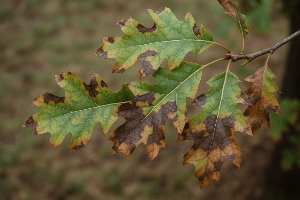 Several oak leaves on a branch with green, yellow, and brown patches showing signs of disease or damage against a blurred background—ideal for North Texas tree disease identification.