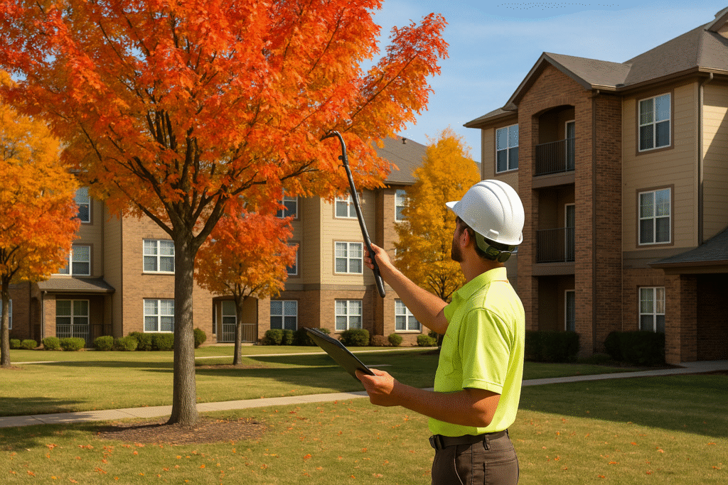 A worker in a hard hat examines the branches of a tree with orange leaves for Fall Tree Inspections in front of apartment buildings, holding a clipboard.