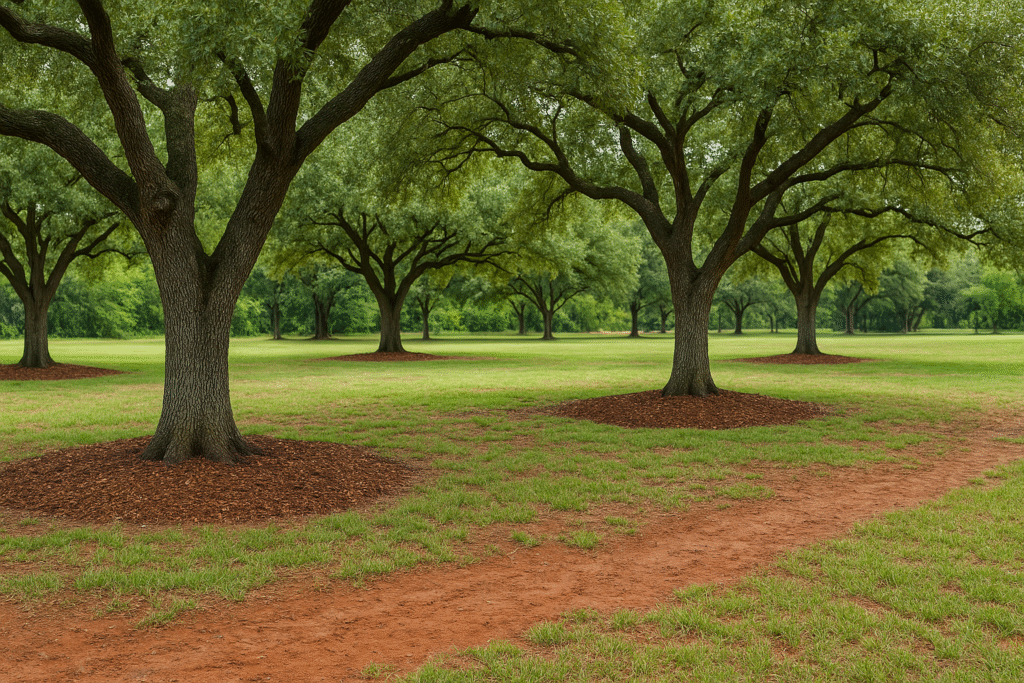 A park with evenly spaced trees, patches of green grass, and a dirt path winding through the scene—ideal for enjoying nature while learning about tree disease care Texas and protecting local flora from fungal tree disease.