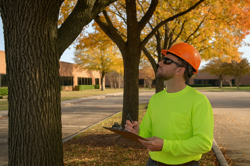 A man in a hard hat and safety shirt conducts a tree health inspection, taking notes on a clipboard in a parking lot with autumn foliage—perfect timing for end-of-year planning.