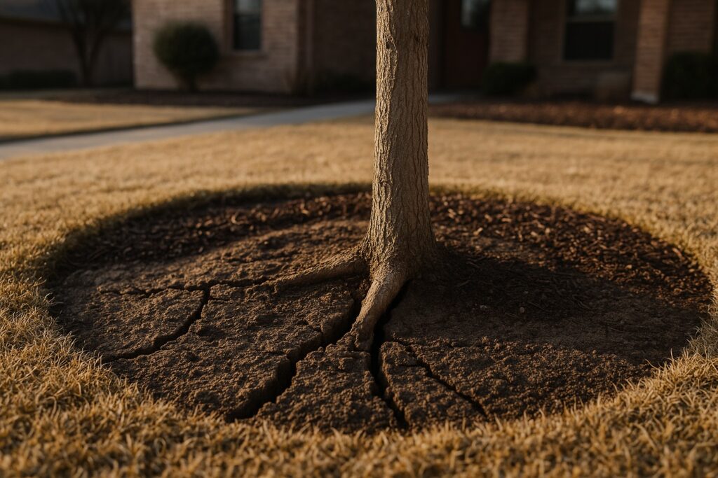 A tree trunk with exposed roots stands in the center of cracked, dry soil—an example of soil movement Texas homeowners may face—surrounded by dry, yellow grass in a residential yard.