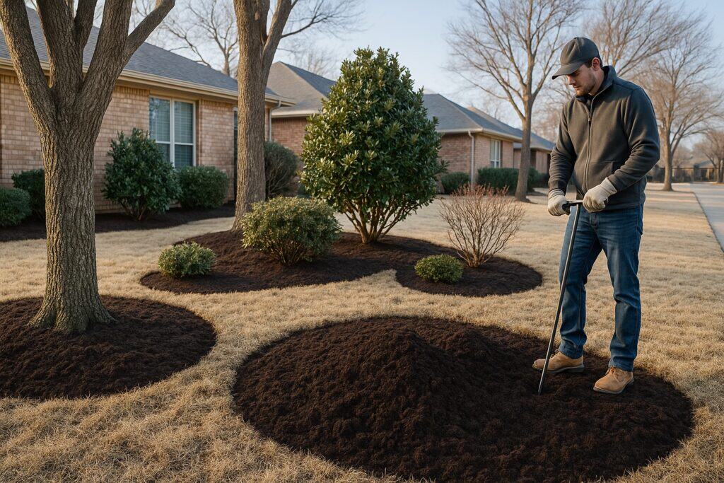 A man spreads mulch around trees and shrubs in a front yard, standing with a shovel on a dry, grassy lawn near brick houses and leafless trees—helping to deter winter pests Texas residents often face.