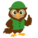 Cartoon owl wearing a green hat and vest, standing upright and giving a thumbs-up gesture—perfect for About Us | Trees Hurt Too, Inc.