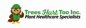 Cartoon owl logo for "Trees Hurt Too Inc. Plant Healthcare Specialists" featuring a friendly owl in a green hat and vest, giving a thumbs up.