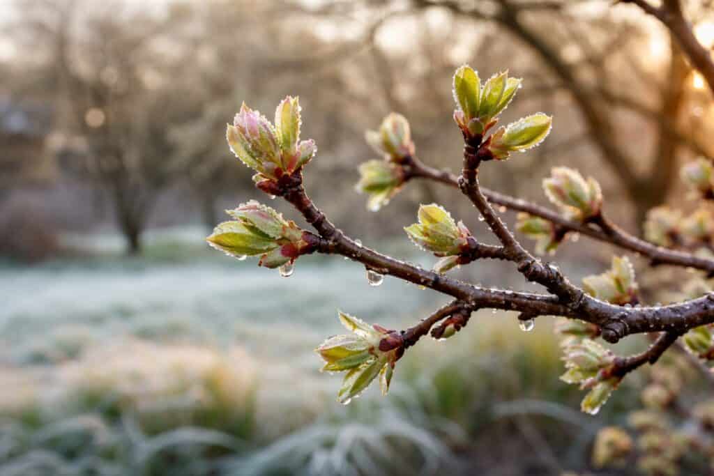 A tree branch with young green buds and droplets of water is shown in focus, capturing the essence of North Texas trees during a false spring, with a blurred natural background and soft sunlight.