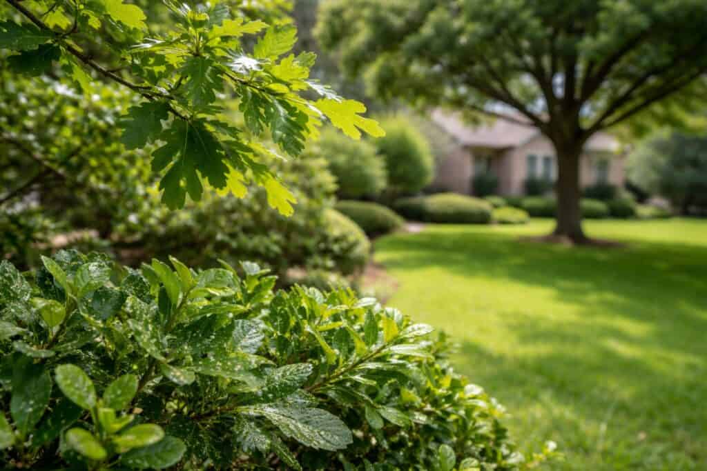 Close-up of green leaves and bushes in a well-maintained garden, with a lawn, large tree, and a house visible in the blurred background—showcasing expert lawn care perfect for homeowners or businesses looking to enhance their outdoor spaces.