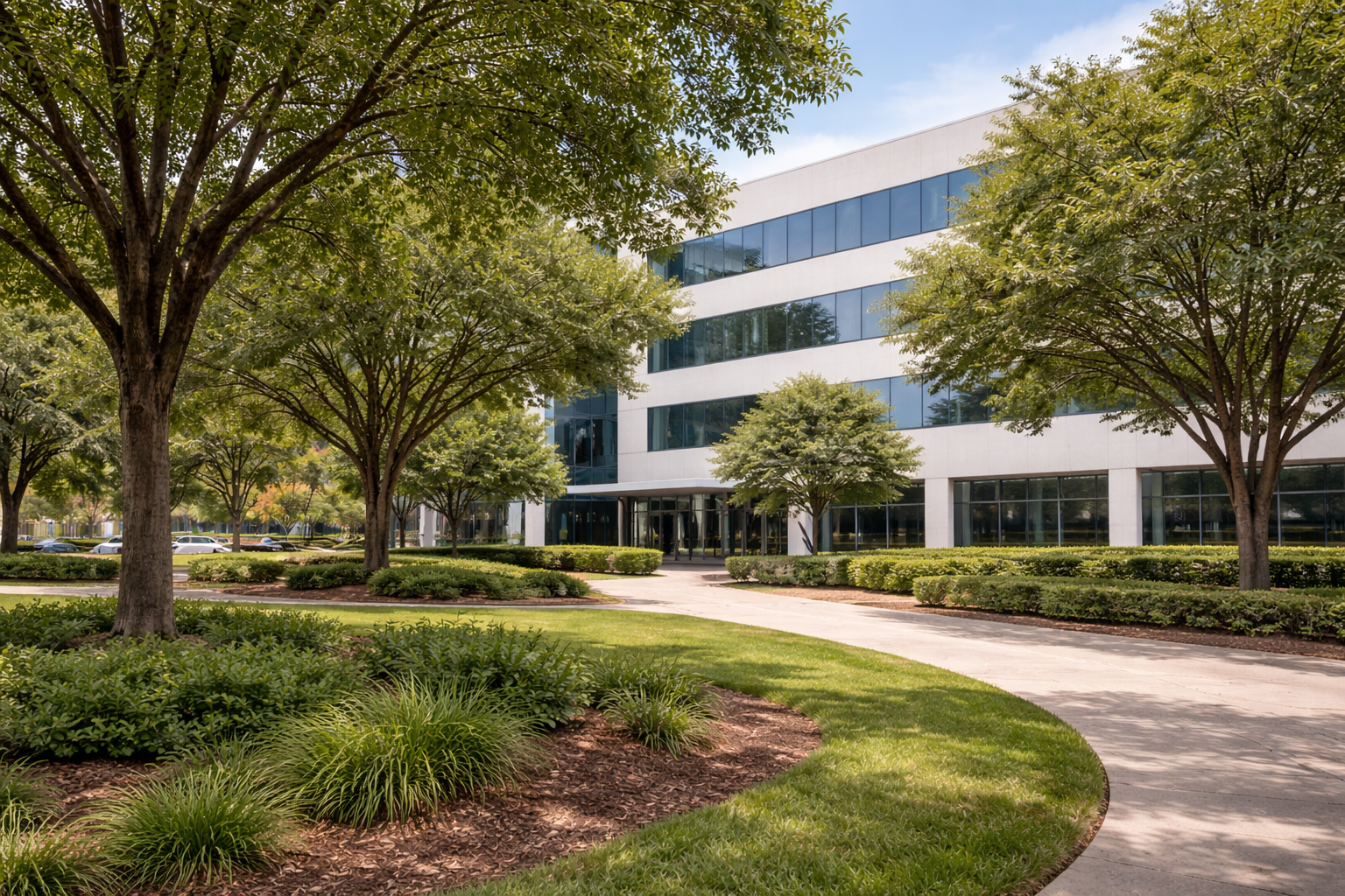A modern office building with large windows is surrounded by landscaped grounds, trees expertly maintained with Commercial Tree Care, and a curved walkway on a clear day.