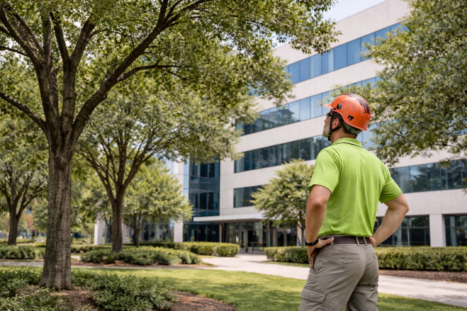 A person wearing a safety helmet and green shirt stands outdoors, surveying a modern office building surrounded by trees-highlighting the importance of professional Commercial Tree Care and Arborist Services in urban landscapes.