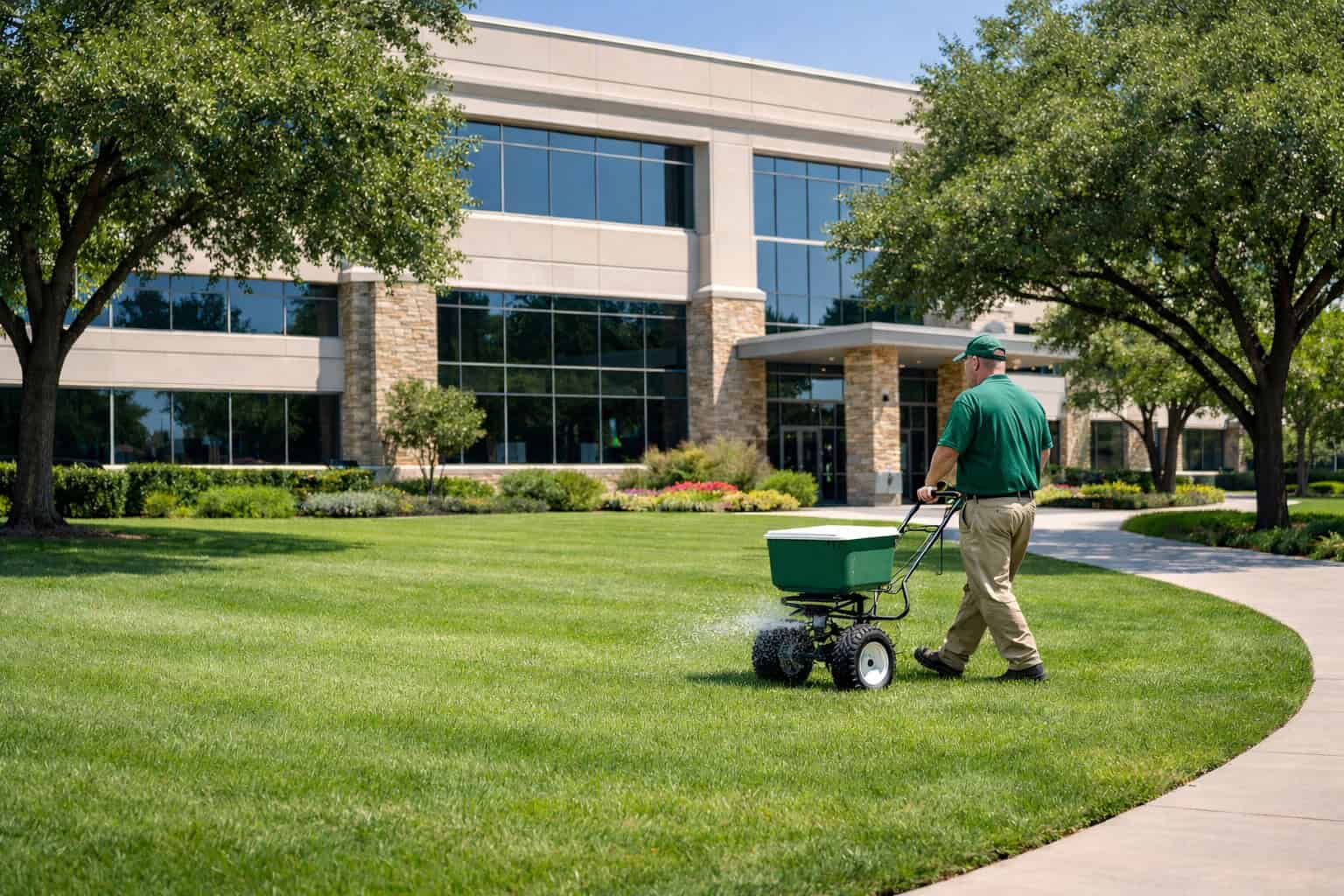 A person pushes a fertilizer spreader across a lawn outside a modern commercial office building, surrounded by trees and landscaped greenery, highlighting professional fertilization services.