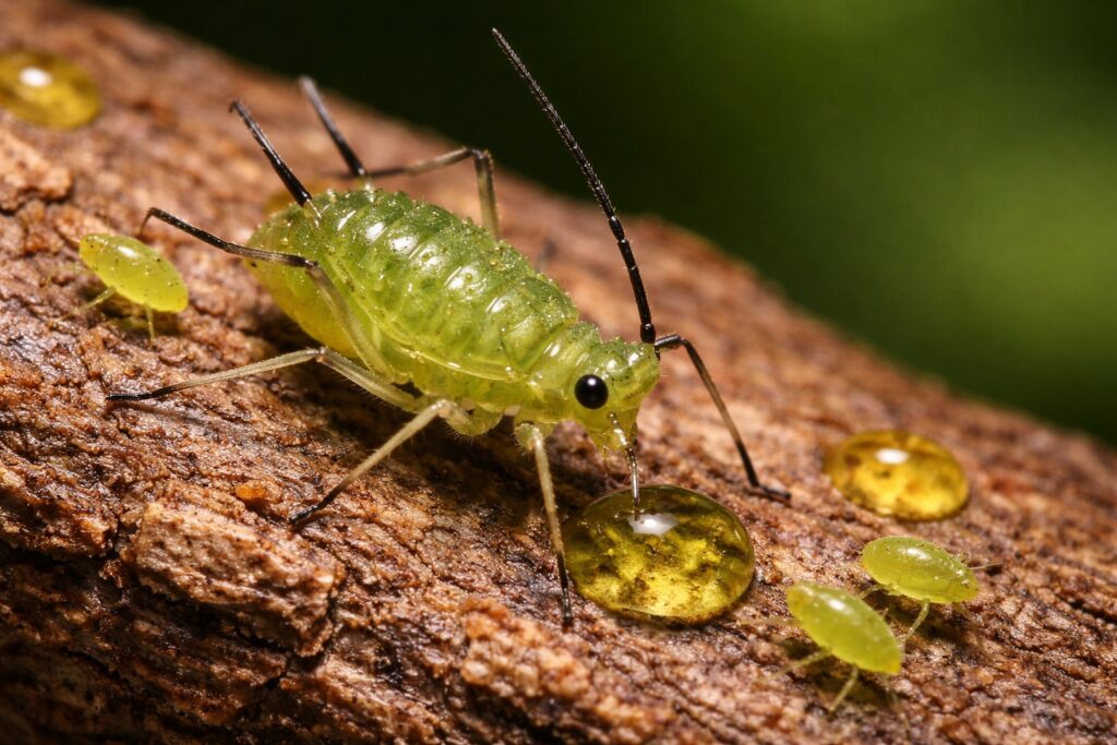 A close-up of a green aphid on a piece of wood in North Texas, surrounded by droplets of liquid and small, round, translucent objects.